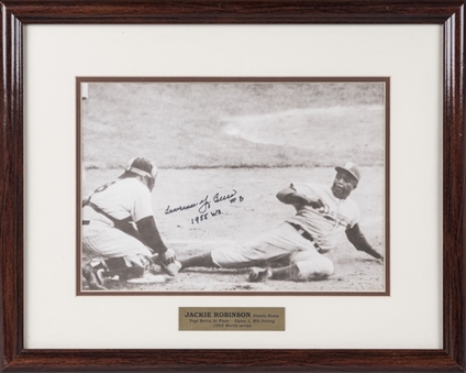 Lawrence "Yogi" Berra Signed and Inscribed Photograph of Jackie Robinson Steals Home at 1955 World Series (PSA/DNA)